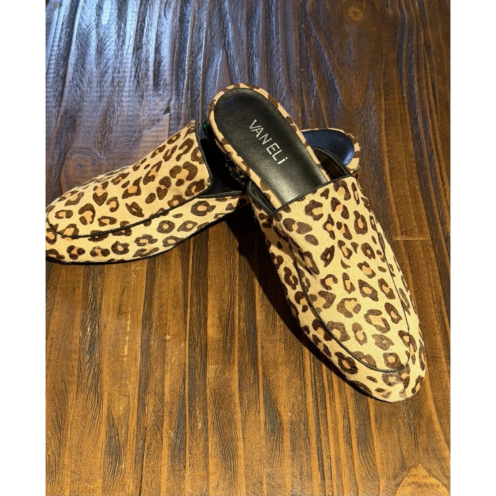 VANELi Adelya Leopard Calf Hair Mules Jeweled Crystal Heel Slip On Shoes 8N